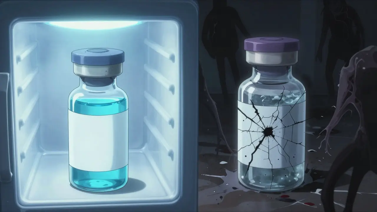 One insulin vial safely refrigerated, another damaged by freezing, shown in dramatic contrast with glowing and dark tones.
