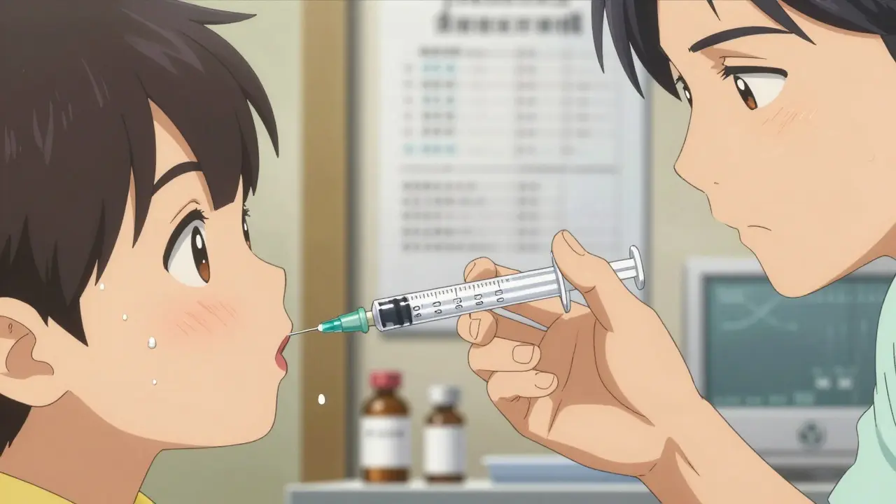 Parent carefully uses a milliliter dosing syringe to give liquid medicine to a child.