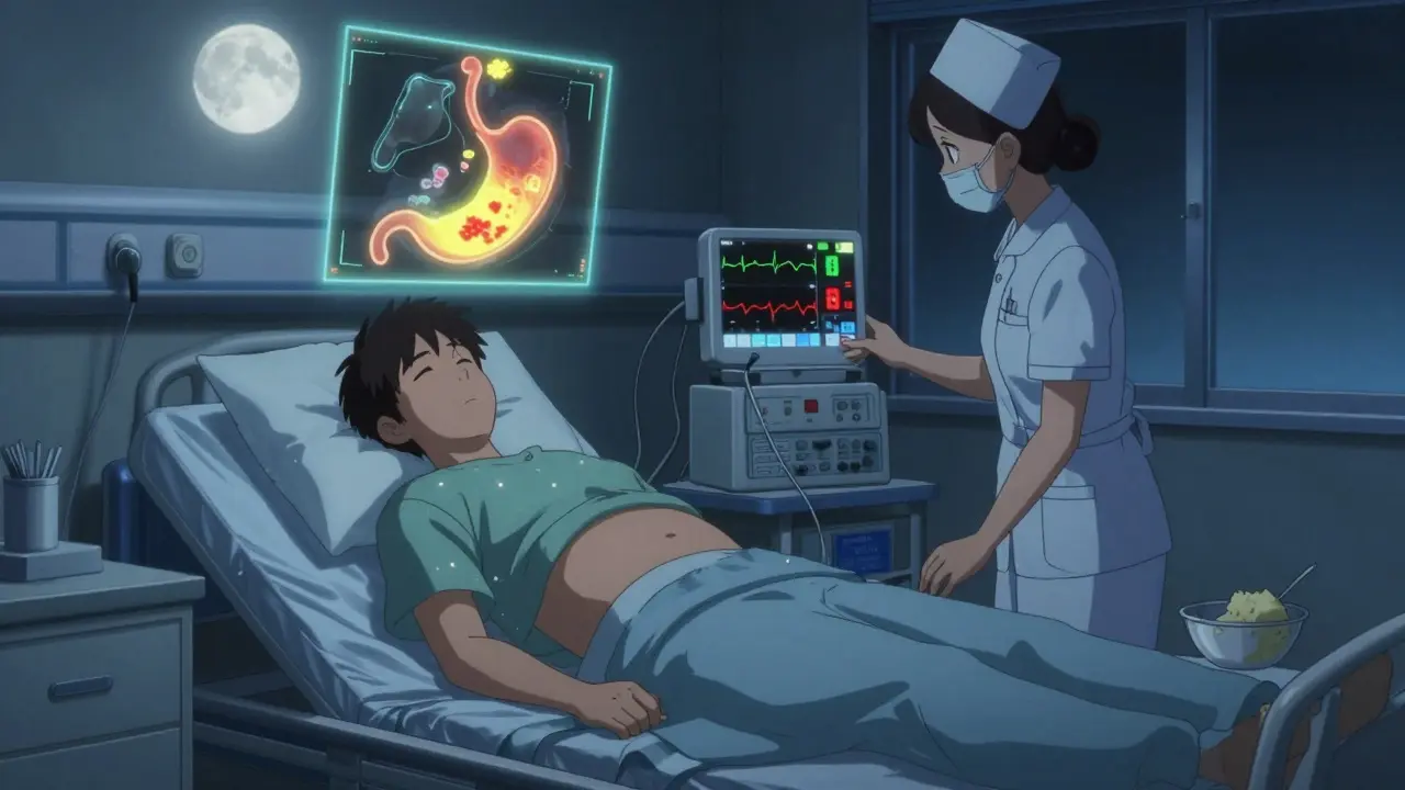 Patient in hospital at night with glowing stomach scan showing delayed digestion, heart monitor spiking, mashed potatoes on nightstand.