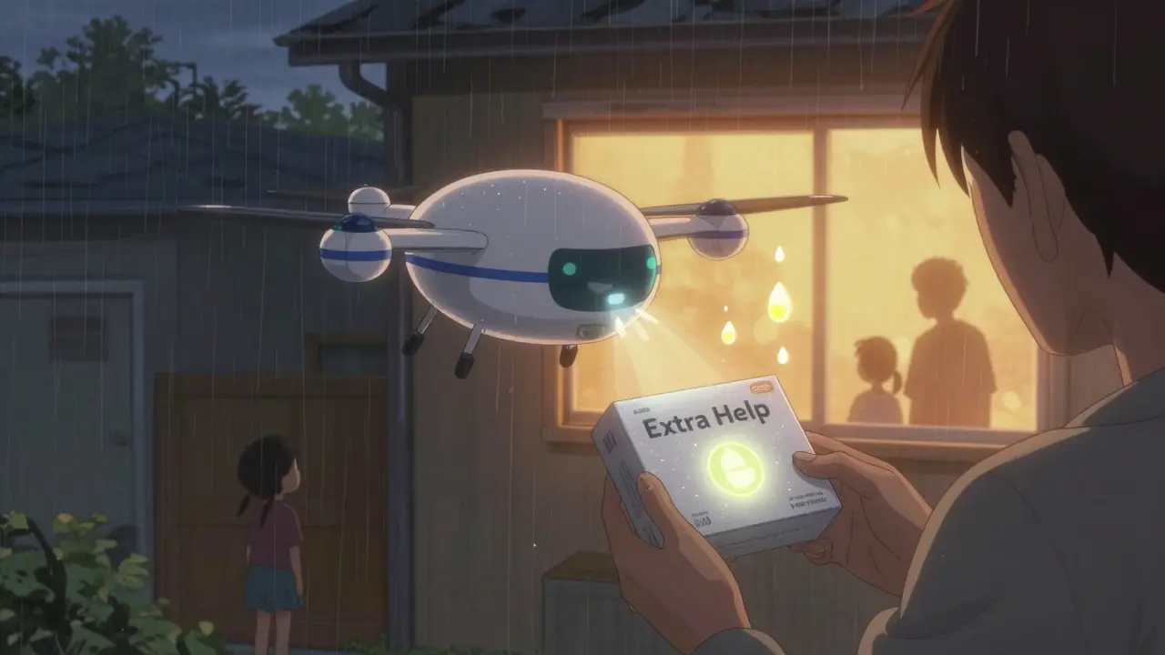 Patient receives mail-order insulin package at home, glowing Extra Help emblem on the box at dusk.