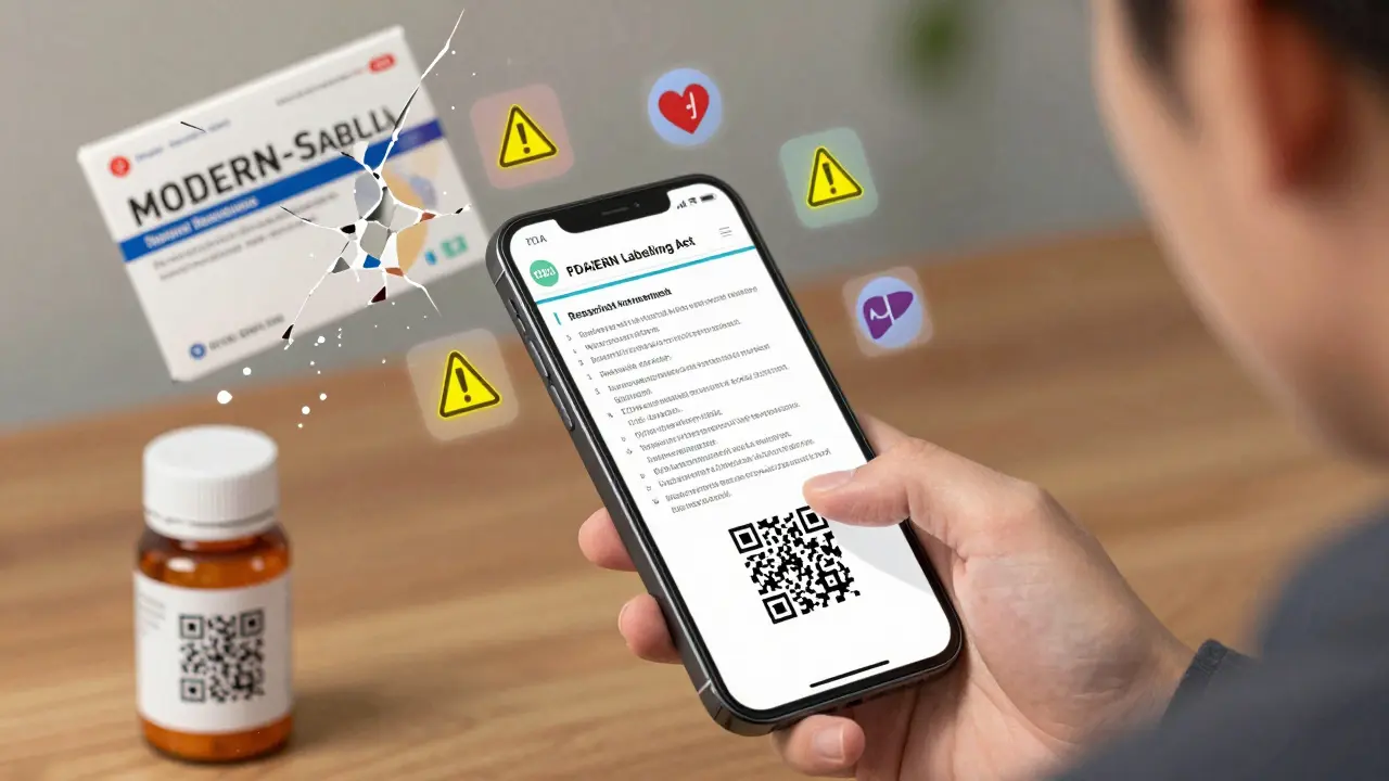 Patient scanning a QR code on a medication bottle, viewing an animated FDA-approved prescribing label on their phone screen.