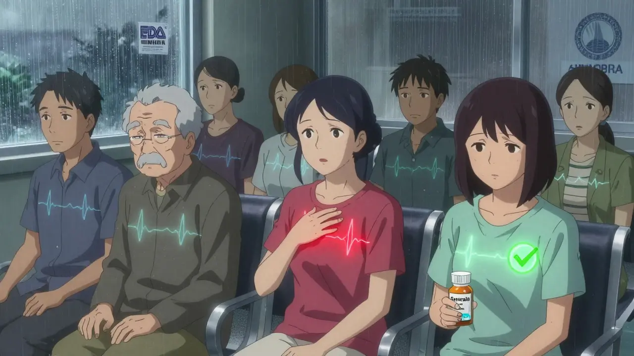 Patients in clinic with translucent ECG lines, one glowing red with warning, another with green checkmark.