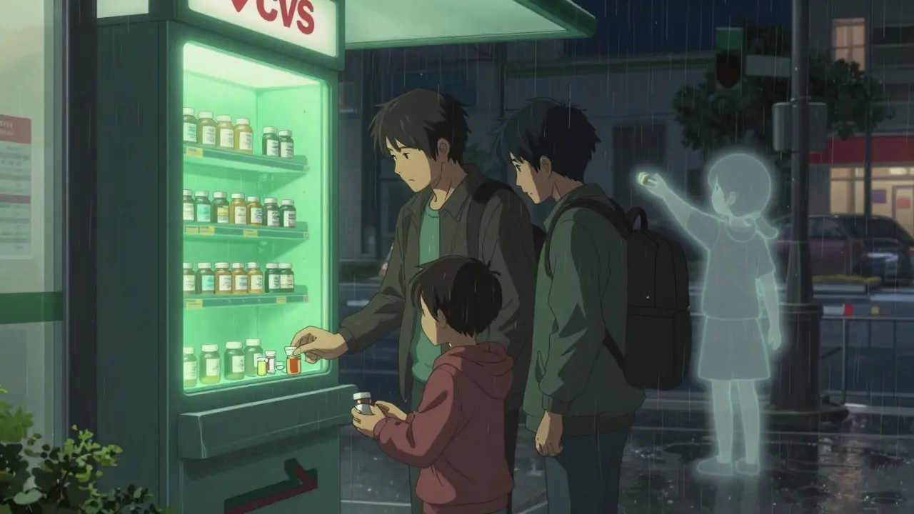 People anonymously disposing of medications at a pharmacy take-back kiosk at night.