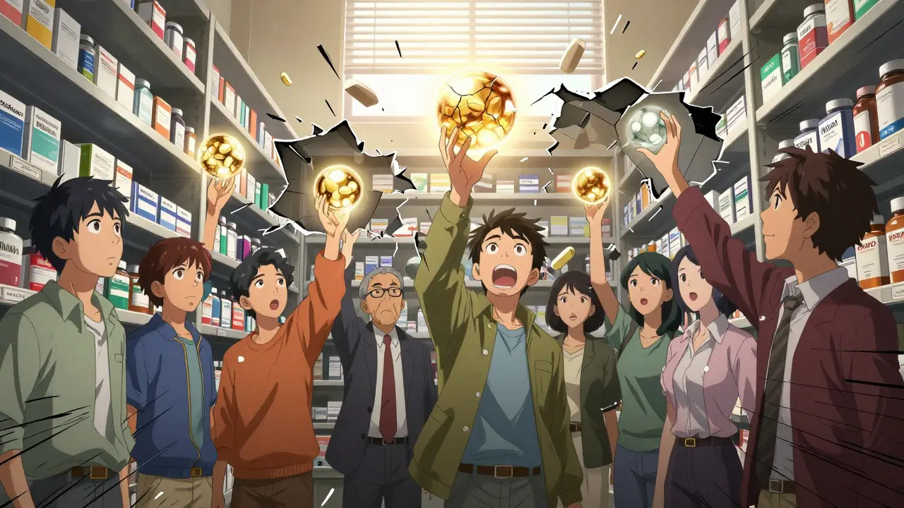 People reaching for glowing generic pills on shelves labeled by health plans, dramatic lighting and fragmented shelves.