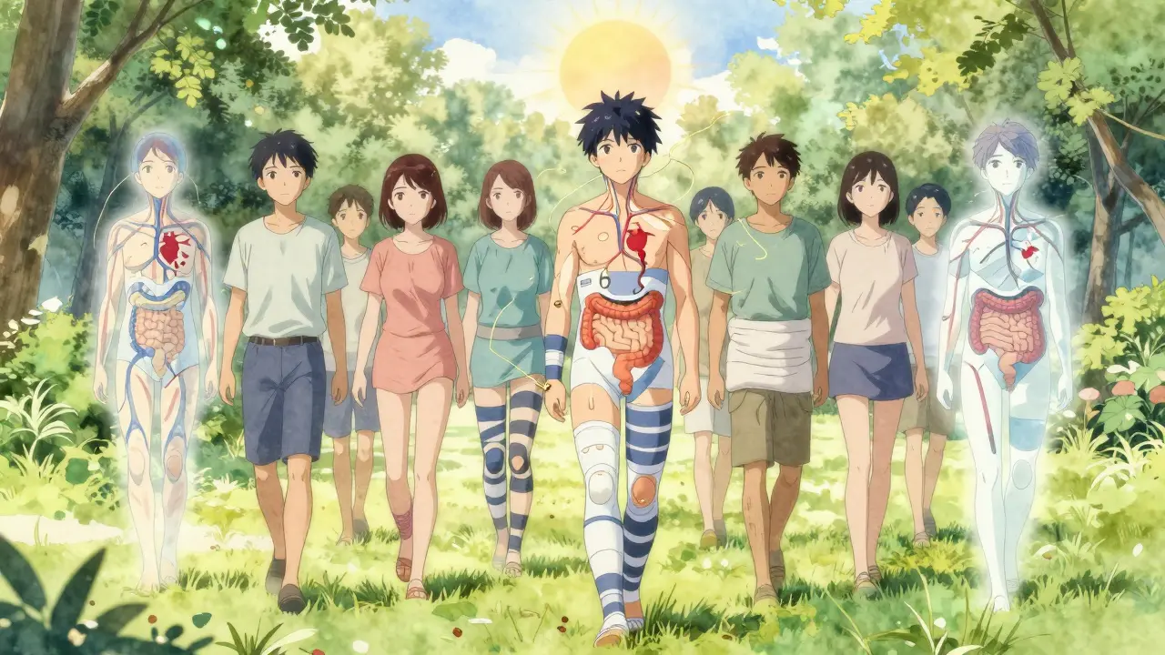 People with compression gear walking in park, ghostly autonomic system failures around them, sun rising in distance.