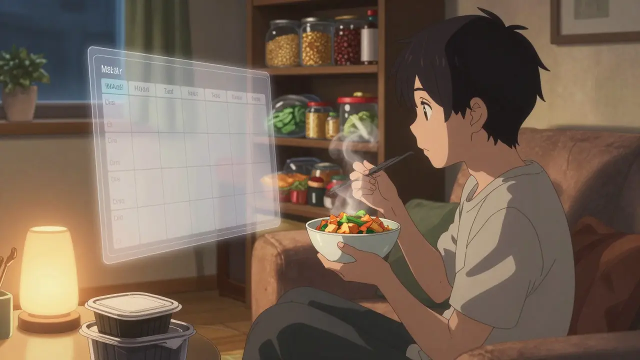 Person eating a healthy meal on the couch, with a floating meal template and organized pantry visible.