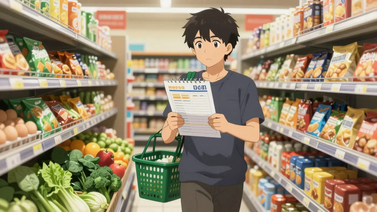 Person shopping in a grocery store, focused on fresh produce while junk food aisles fade in the background.