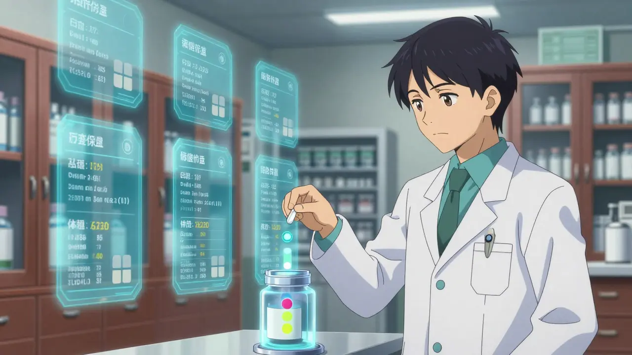 Pharmacist placing medicine into a smart container with a color-changing indicator, surrounded by holographic stability data.