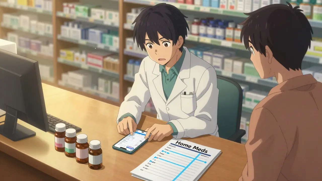 Pharmacist reviewing pill bottles and discharge list with patient at community pharmacy counter.