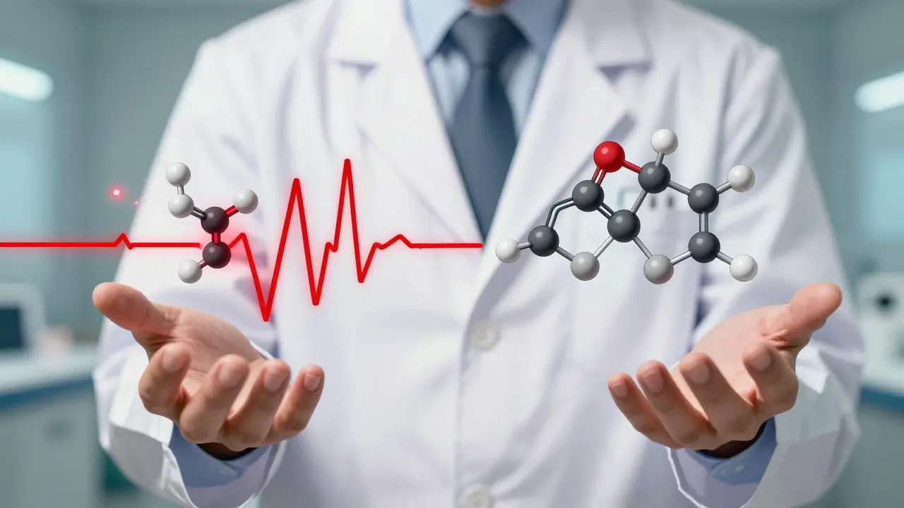 Split illustration comparing citalopram and escitalopram's effects on heart electrical activity.