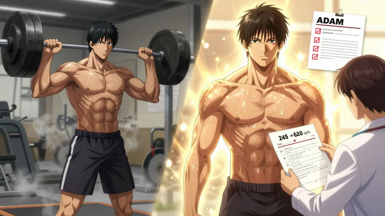 Split image of a man losing muscle mass versus regaining strength after testosterone therapy, with blood test results visible.