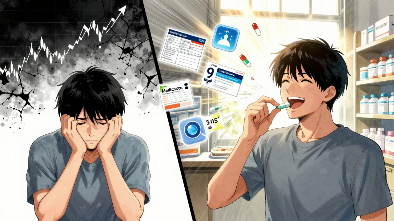 Split scene: person struggling with expensive pill vs. smiling with affordable alternative.