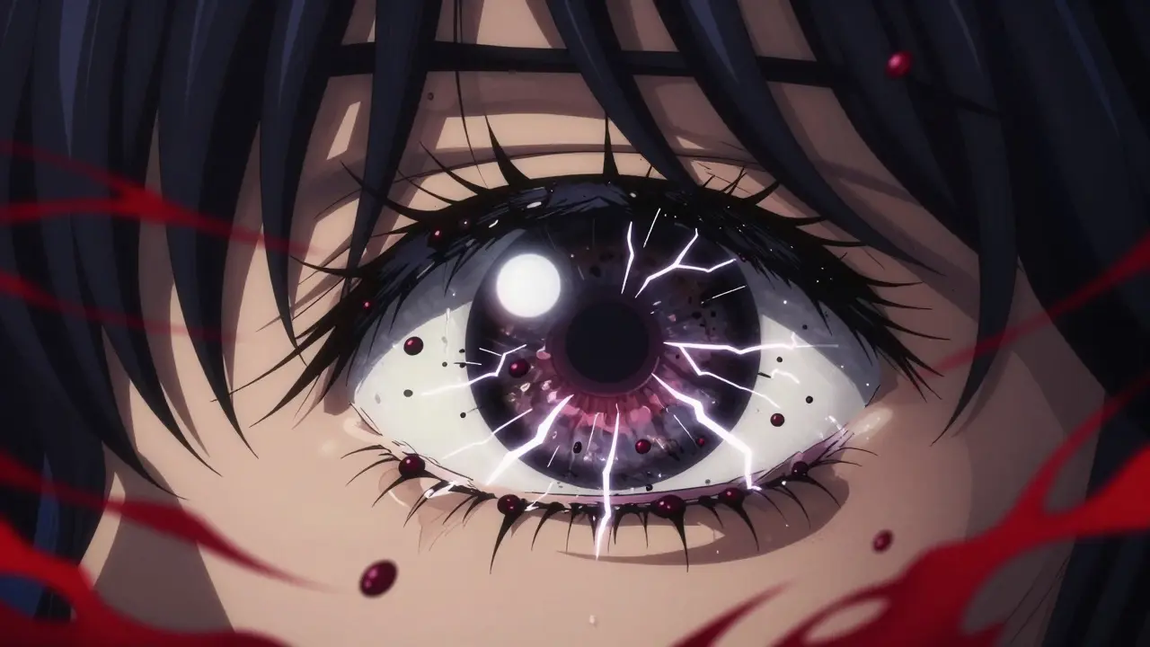 Sudden dark floaters and flashes of light appear in the eye, with a shadow spreading across the visual field.