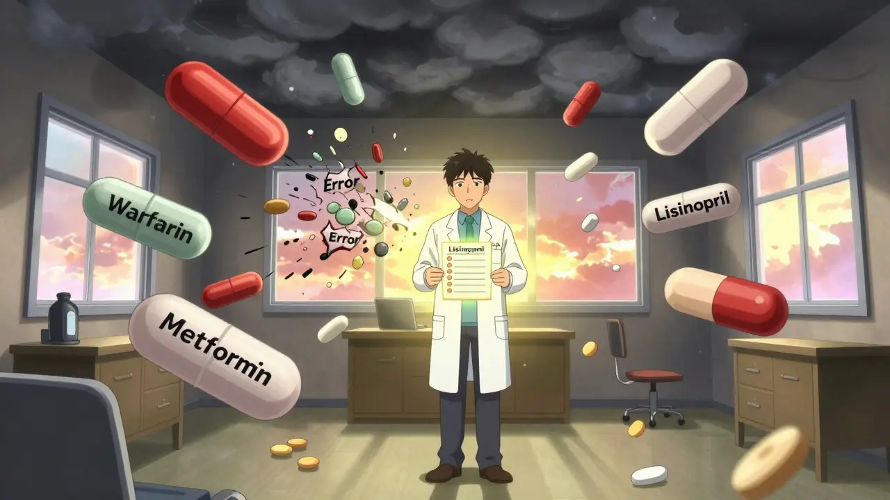 Surreal mental battlefield of floating medications with pharmacist holding glowing reconciliation checklist.