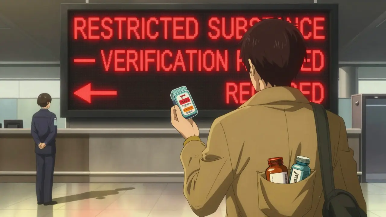 Traveler confronted by customs officer with unlabeled pills, original bottles visible in pocket.