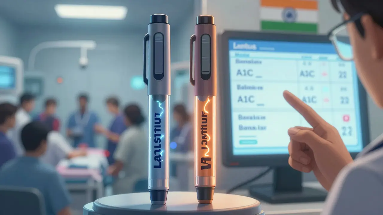 Two insulin pens side by side with glowing blood sugar graphs showing identical results.