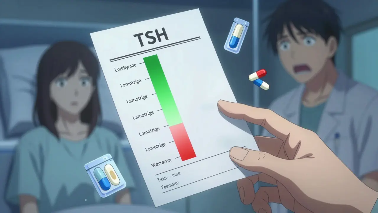 A blood test report showing dangerously high TSH levels, with key medication icons glowing red in the background.