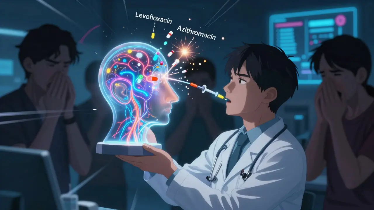 A doctor holds a glowing nose model as drug molecules disrupt neural pathways, in anime style.