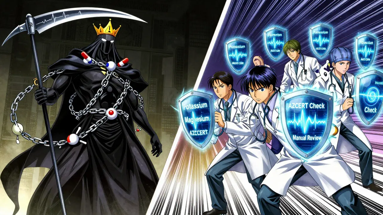 A dramatic battle scene: a villainous QT prolongation figure vs. doctors armed with medical knowledge and AI tools, in anime style.