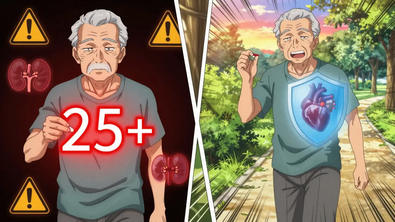 A high-risk patient transformed after switching to shorter DAPT, walking freely under a sunset.