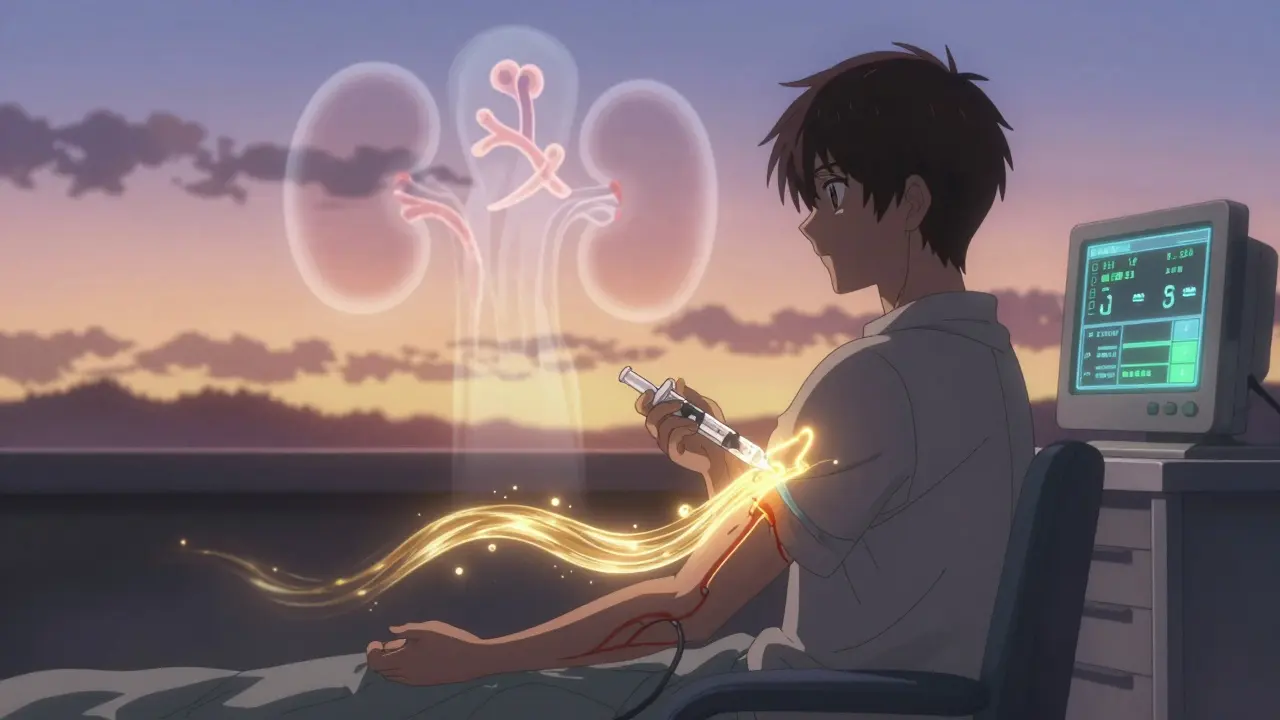 A patient receiving a PTH injection as harmful calcifications dissolve into light.