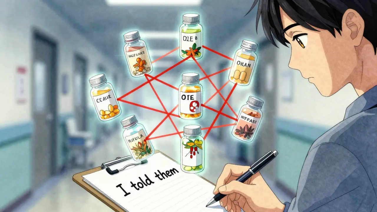 A person surrounded by floating medication bottles with warning lines, writing 'I told them' on a clipboard.