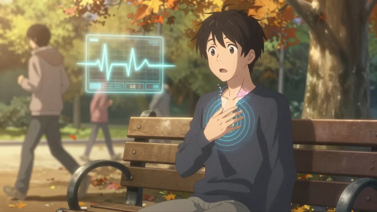 A person with a glowing pacemaker beneath their skin, stabilizing their heartbeat in a peaceful park setting.