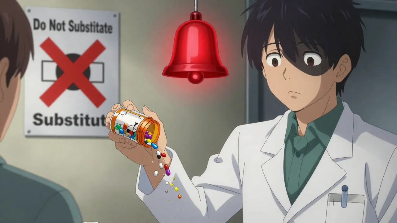 A pharmacist handing a cracked pill bottle leaking colorful particles, while the patient's face shows sudden realization.