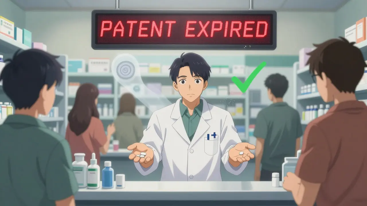A pharmacist holding identical pills, one branded and one generic, as a patent expiration alert flashes behind them.