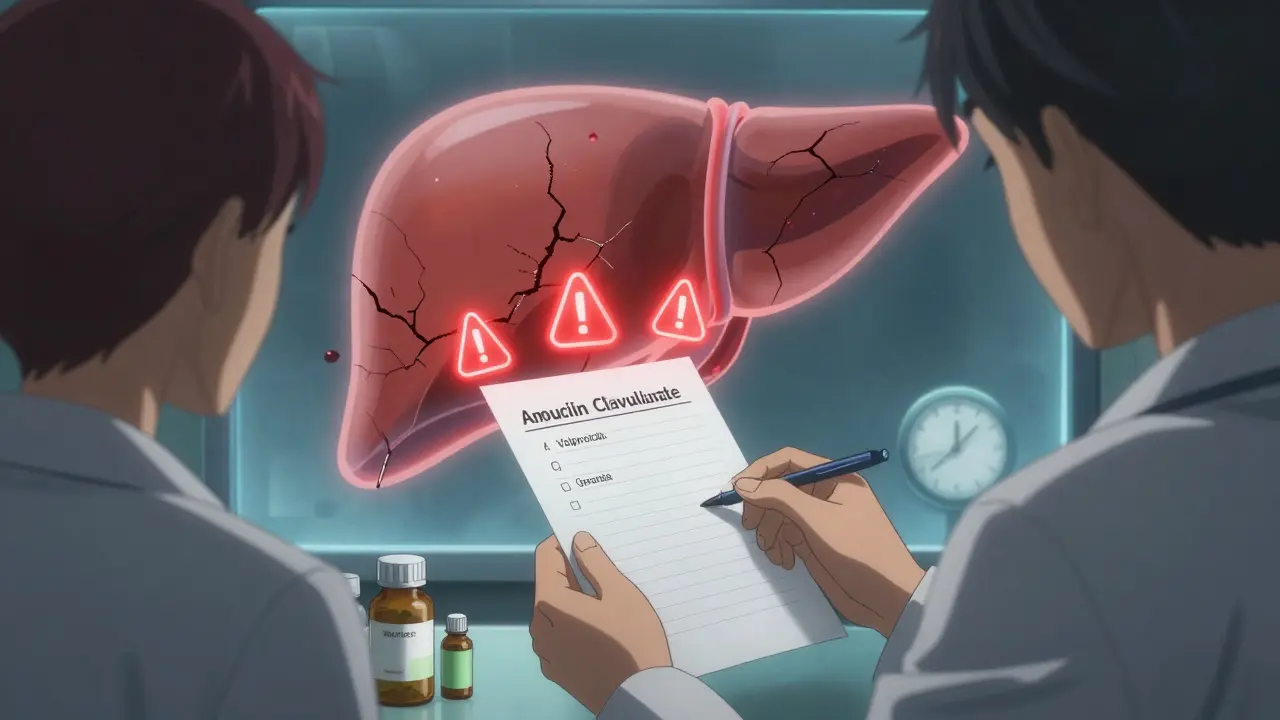 A pharmacist spots warning icons on medications while a damaged liver bleeds dark fluid in the background.