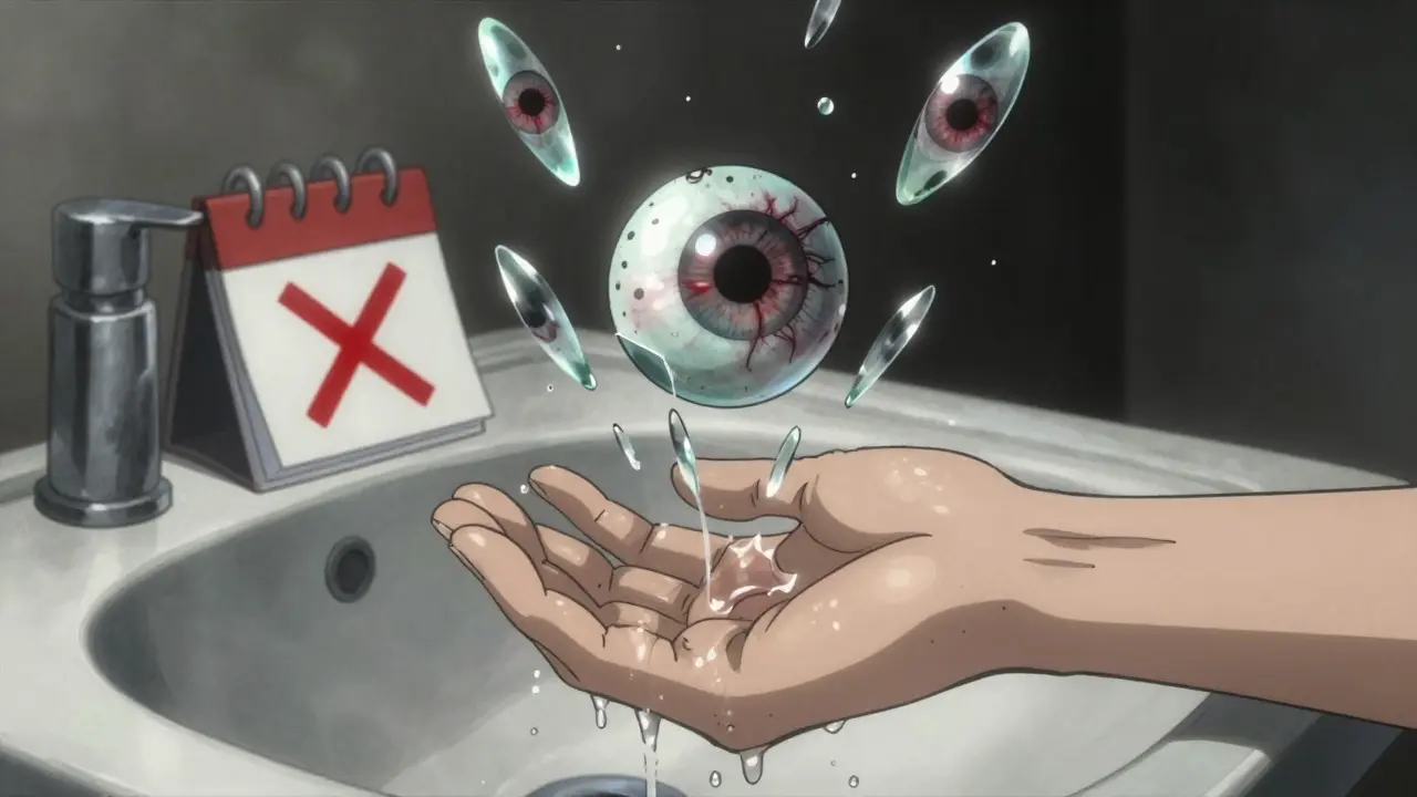 A shattered contact lens floating above a sink, water droplets reflecting visions of eye damage and a red-marked calendar day.