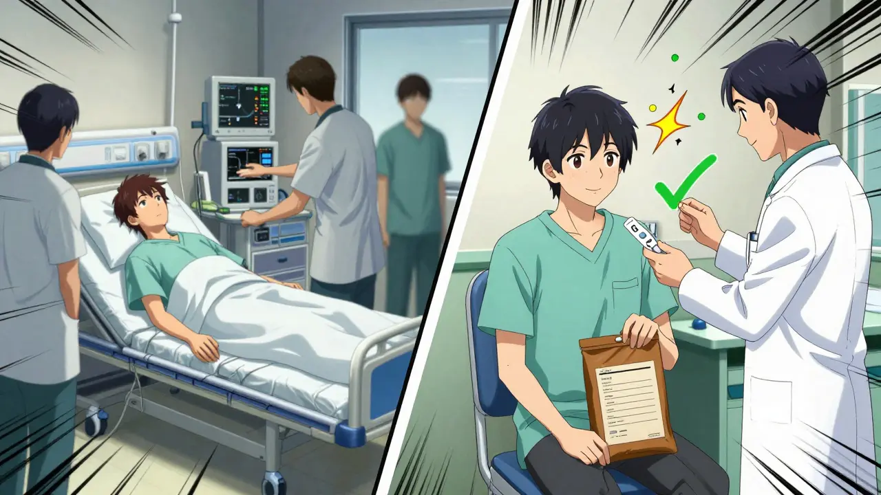 A split scene showing medical chaos on one side and calm, safe medication review on the other.