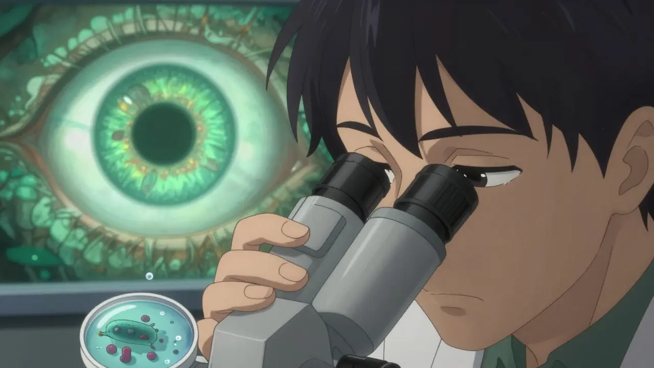 An ophthalmologist examining a patient's eye with a slit-lamp, showing infected cornea and water droplets with parasites.