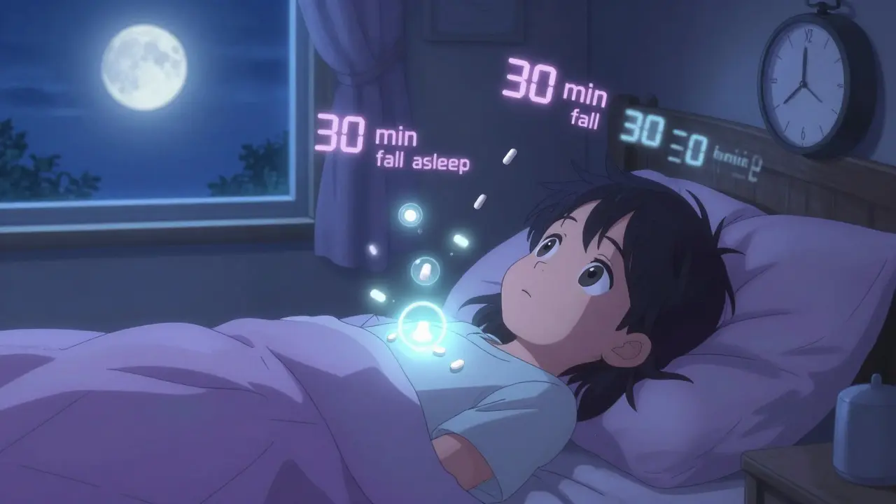 Child awake at night with floating pills and sleep stats glowing around bed.