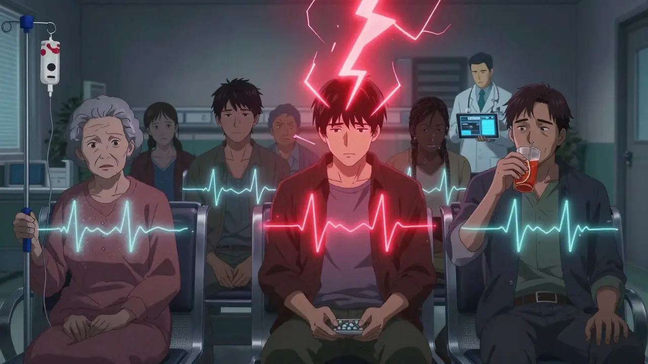 Diverse patients in a hospital with ghostly ECG lines above them, one spiking into lightning, while a doctor checks a risk assessment tablet.