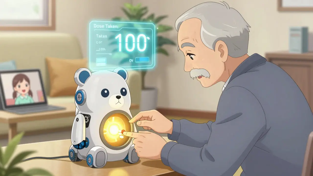 Elderly man using a robotic pill dispenser shaped like a friendly bear, with a holographic confirmation and his granddaughter watching via video call.