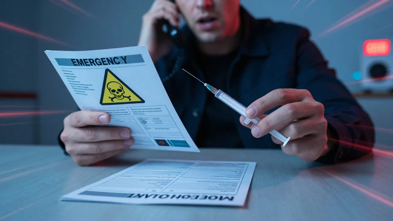 Person using naloxone while calling 911, medication guide with skull symbol