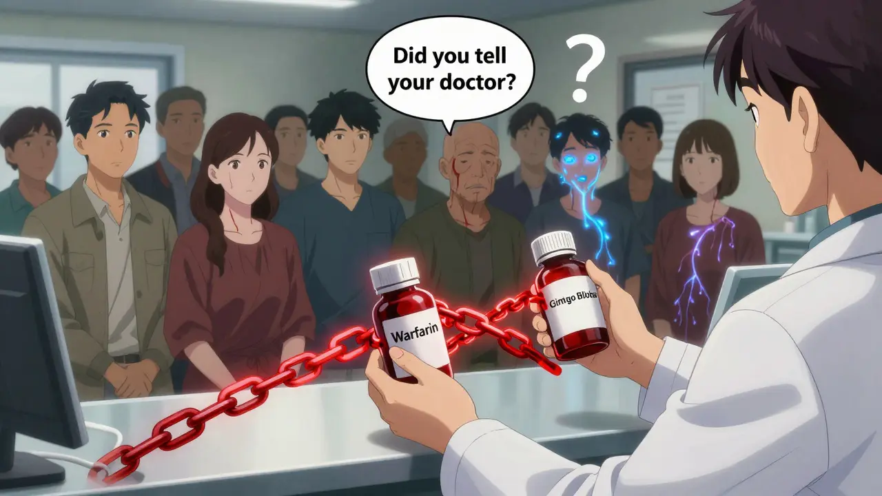 Pharmacist holding warfarin and ginkgo bottles with glowing red chains between them, patients watching silently.