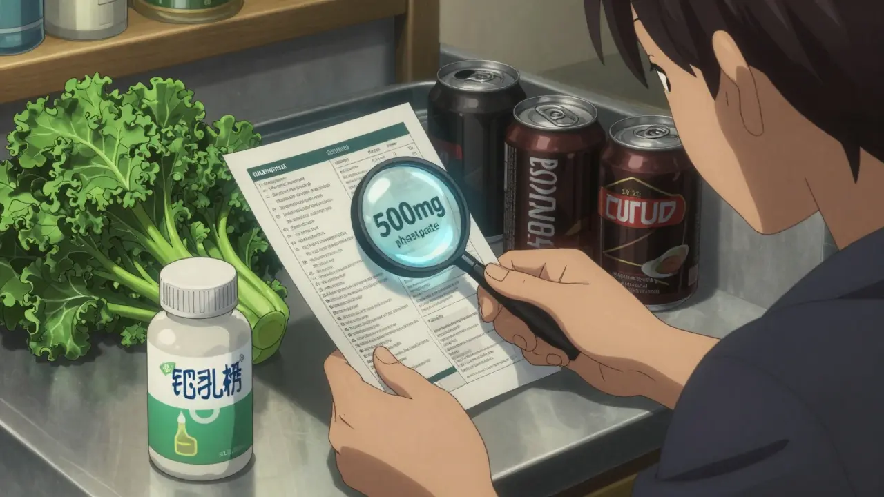 Someone reading food labels, choosing healthy foods over high-phosphate processed items.