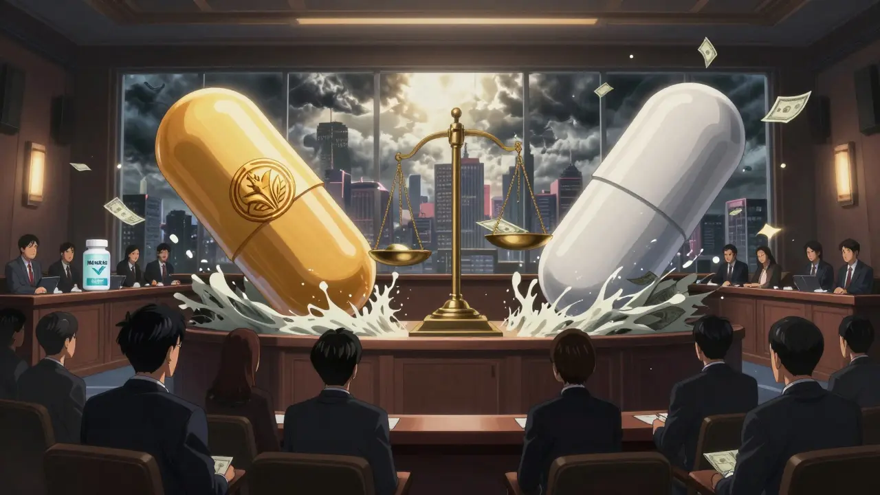 Two giant pills clashing in a corporate auction hall, with Medicaid and Medicare badges glowing in the crowd.
