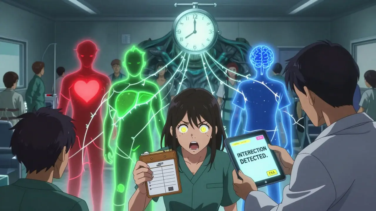 A crowded ER with patients glowing from drug interactions, one holding a medication list.