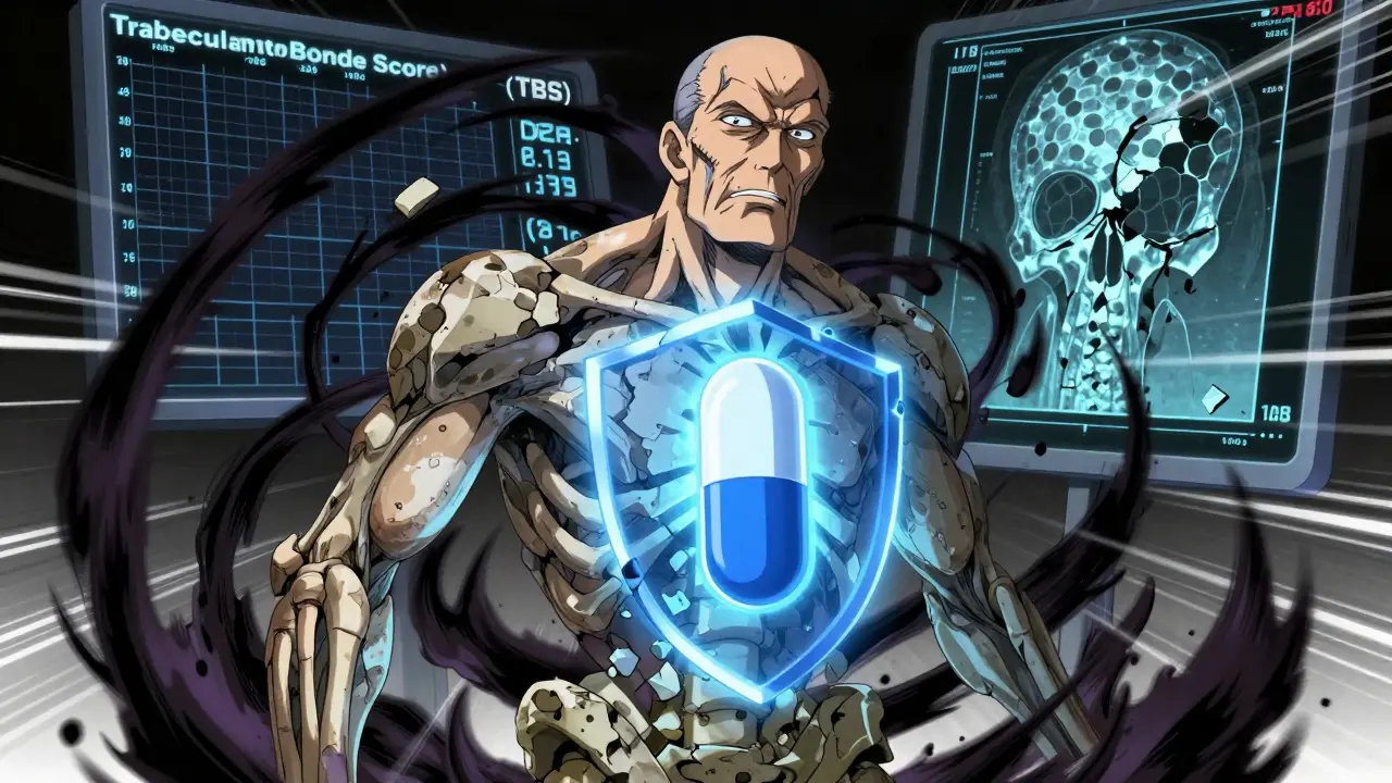 A man's skeleton crumbles as a bisphosphonate pill protects his spine, with bone scan data floating around him.