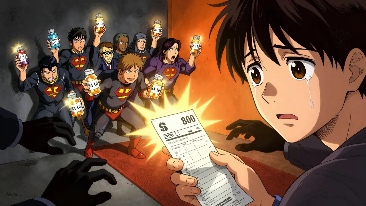 A patient in distress as generic drug makers burst in like heroes holding  pills.