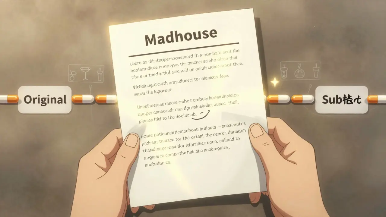 A patient smiling while holding a handout about therapeutic interchange, with symbolic pill paths merging into one.