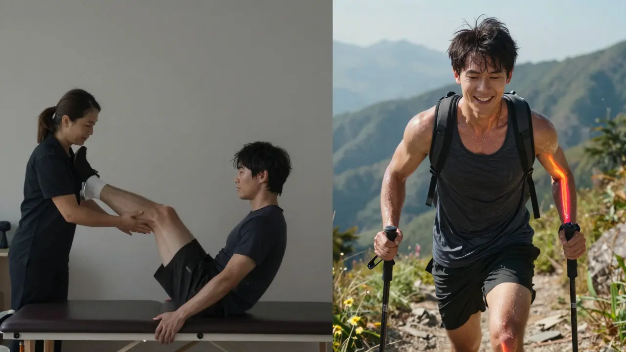 A person in physical therapy on one side, hiking happily on the other, showing transformation through movement.