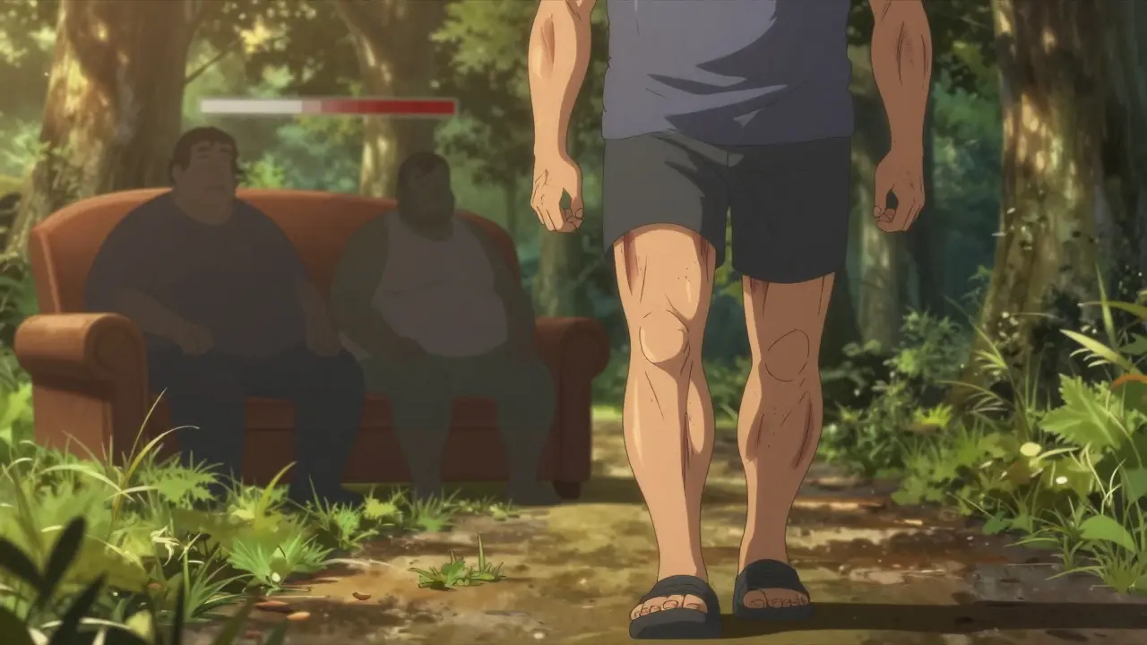 A person walking peacefully on a path, one knee showing faint damage while muscles glow with strength.