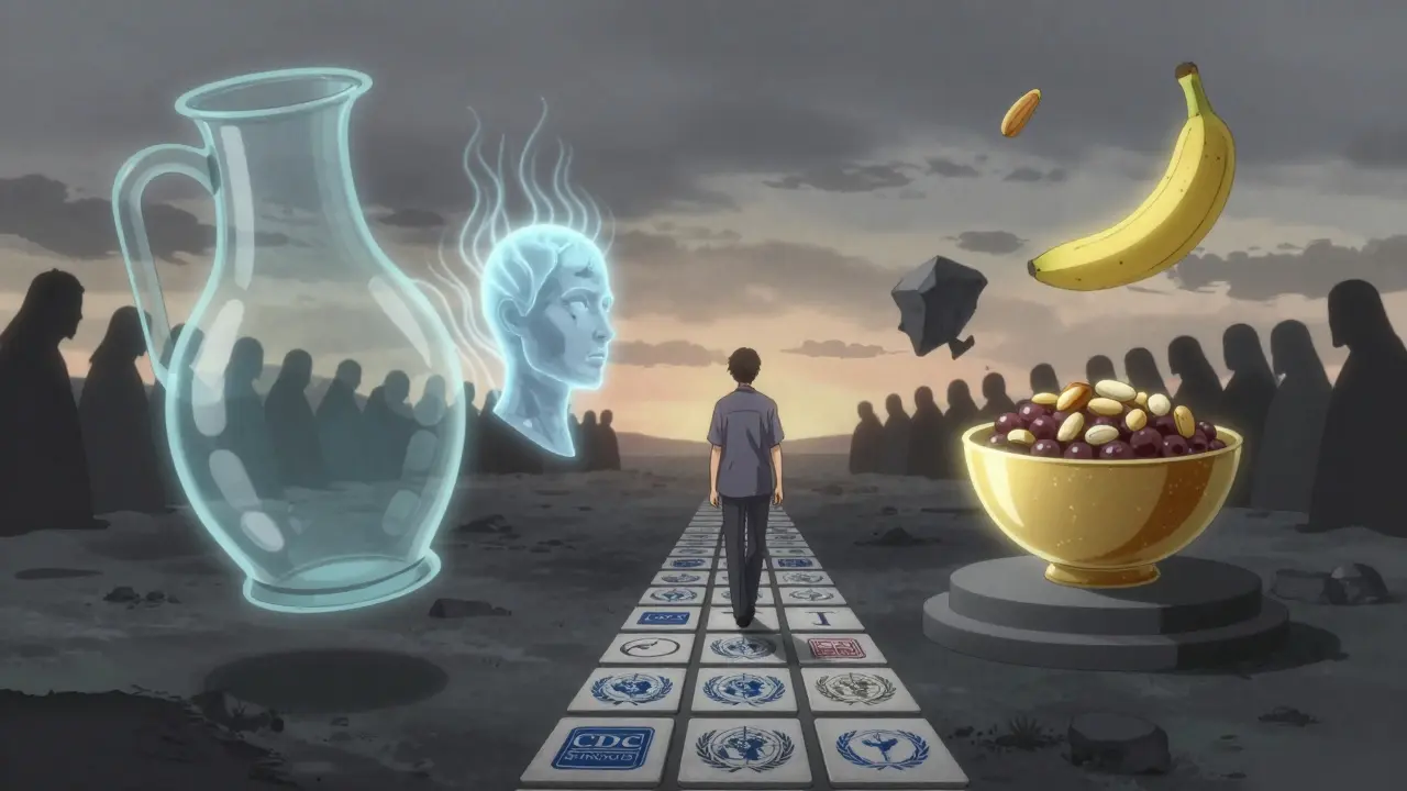 A person walks through a surreal landscape of crumbling health myths, stepping toward truth, in anime style.