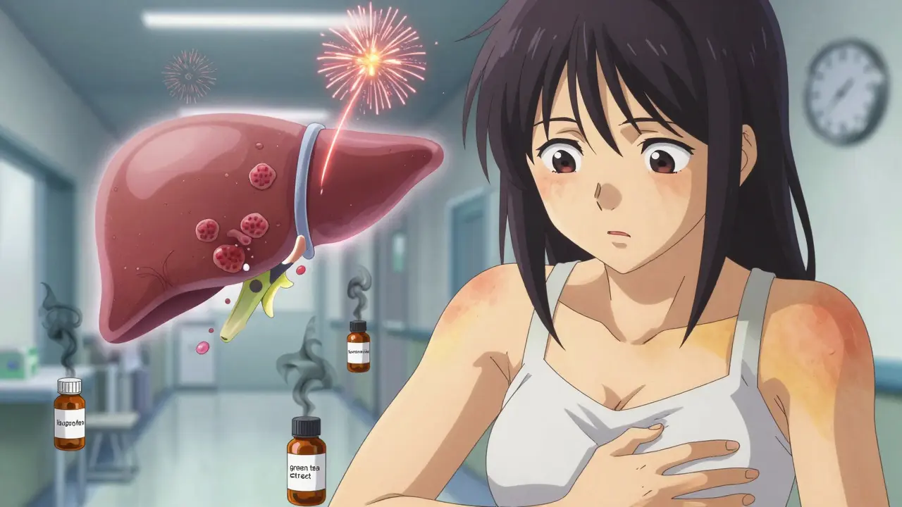 A woman with jaundiced skin clutching her abdomen, surrounded by warning labels of harmful medications.