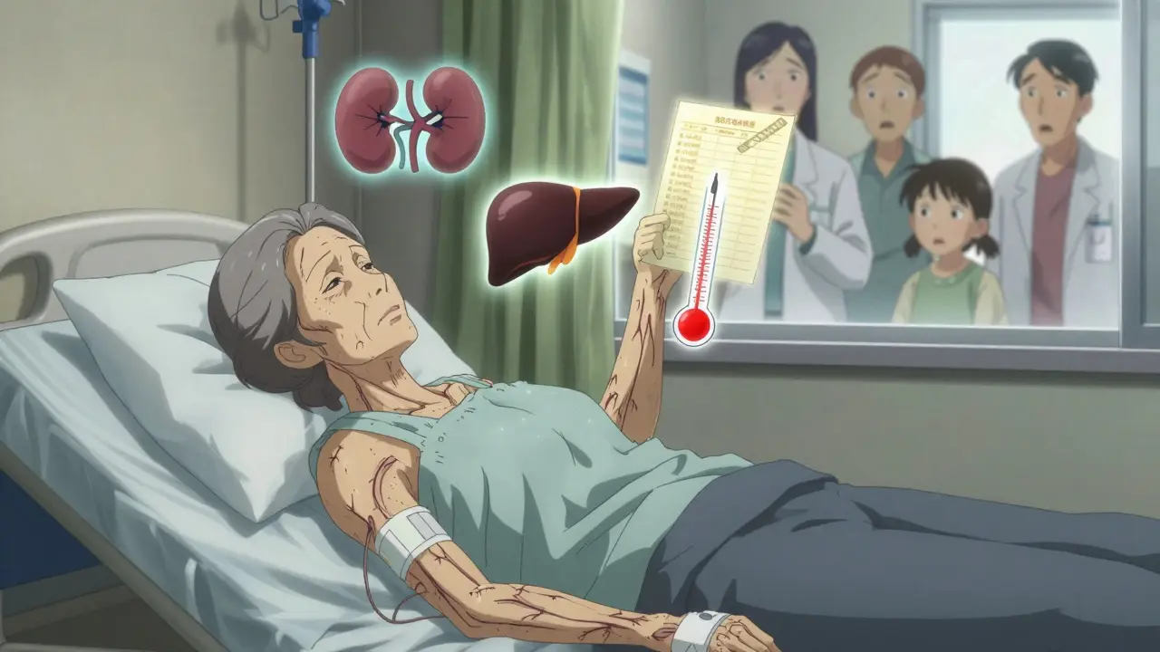 An elderly woman in hospital with visual signs of organ damage from medication interaction.