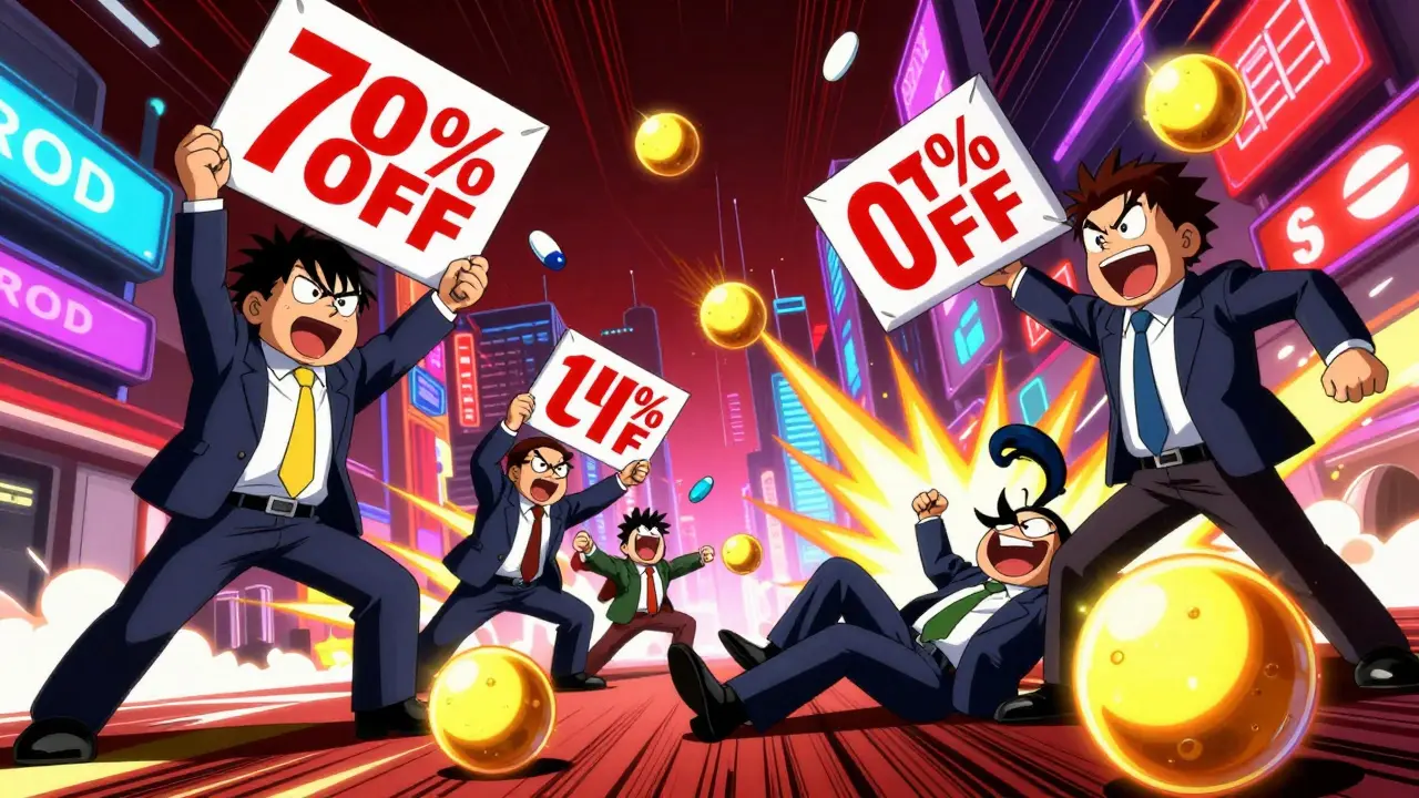 Cartoon CEOs battling with price tags in a neon marketplace, one dropping a 70% off sign.